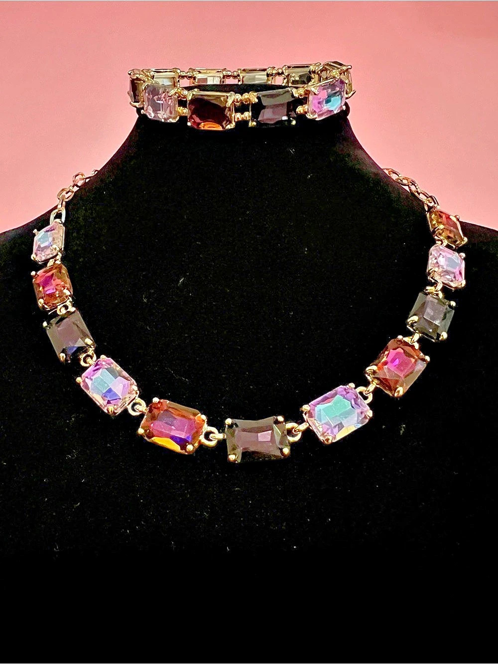 Purple Multicolor Emerald cut Necklace & Bracelet Set